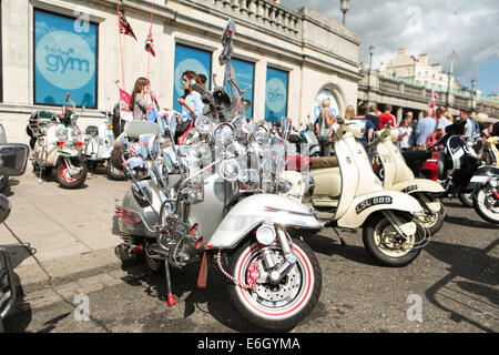 Mod all Weekender, Brighton 2014, Madeira Drive, Brighton, East Sussex, REGNO UNITO . Si tratta di un evento annuale della cultura britannica dei Mod sulla costa meridionale dell'Inghilterra con lo scooter classico come mezzo di trasporto scelto. 23 agosto 2014 David Smith/Alamy Live News Foto Stock