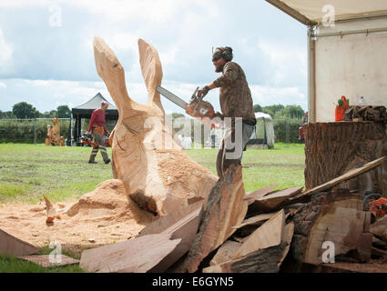 Knutsford, Cheshire, Regno Unito. 23 Ago, 2014. Carver, Jason Stoner dall America competere nel decimo English Aperto Chainsaw Carving concorrenza a Cheshire Showground, Knutsford. Parte del gioco di Cheshire e fiera di paese che continua oltre il lunedì festivo. Credito: Howard Barlow/ Alamy Live News Foto Stock