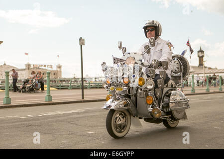 Mod all Weekender, Brighton 2014, Madeira Drive, Brighton, East Sussex, REGNO UNITO . Si tratta di un evento annuale della cultura britannica dei Mod sulla costa meridionale dell'Inghilterra con lo scooter classico come mezzo di trasporto scelto. 23 agosto 2014 David Smith/Alamy Live News Foto Stock