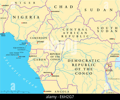 Africa centrale occidentale Mappa Politico con capitelli, i confini nazionali, fiumi e laghi. Illustrazione con etichetta inglese. Foto Stock