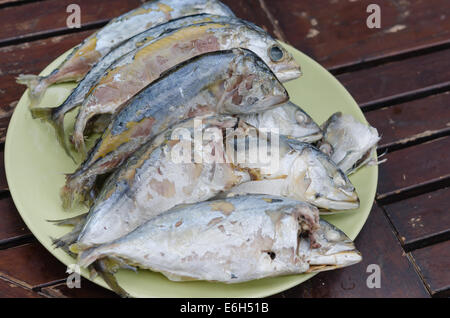 Sgombri freschi sul pesce piatto verde su un tavolo di legno Foto Stock