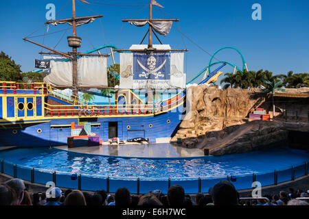 Addestratore di animali e Sea Lion eseguendo nel Clyde & Seamore mostrano al mondo del mare, Orlando, Florida Foto Stock