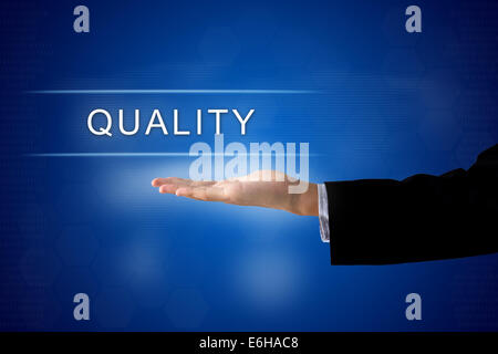 Pulsante di qualità con business mano su una interfaccia touch-screen Foto Stock