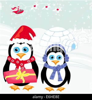 Scheda di Natale con i pinguini e Babbo Natale Foto Stock