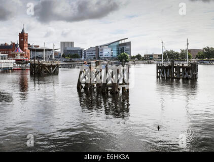 I resti di vecchi pontili in legno nella Baia di Cardiff. Foto Stock