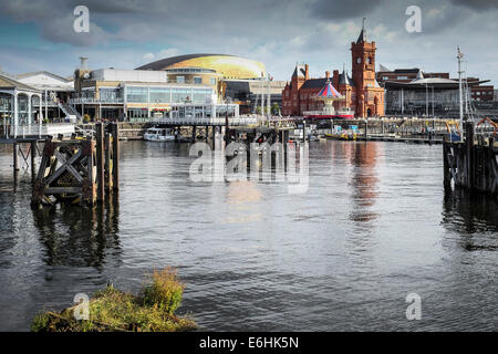 I resti di vecchi pontili in legno nella Baia di Cardiff. Foto Stock