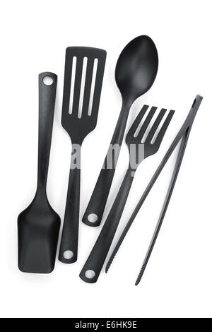 Plastica utensili da cucina. Isolato su sfondo bianco Foto Stock