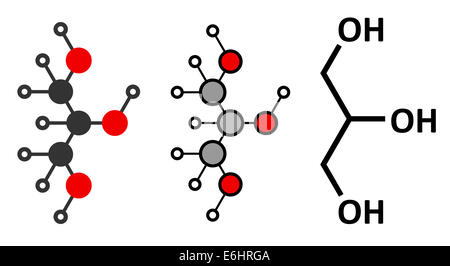 Glicerolo (glicerina) molecola. Prodotta da grasso e olio di trigliceridi. Usato come dolcificante, solvente e conservante nei prodotti alimentari e d Foto Stock