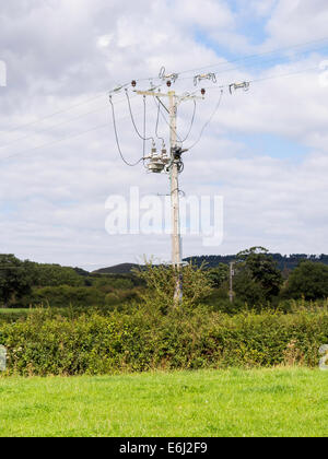 Un azionamento remoto 440V trasformatore interruttore isolatore e in un palo montato 3 fase 11kV overhead linea elettrica di alimentazione. Foto Stock