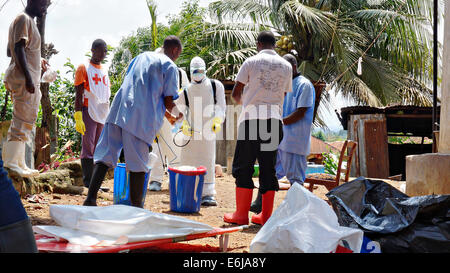 I volontari del settore sanitario suit fino in abbigliamento protettivo come si preparano per disinfettare le case di vittime di Ebola Agosto 2, 2014 in Kailahun, Sierra Leone. Foto Stock