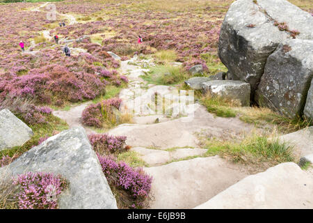 Walkers sul sentiero lungo la parte superiore del bordo Curbar nel distretto di Peak Derbyshire Foto Stock