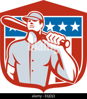 Illustrazione di un american giocatore di baseball della pastella hitter azienda bat sulla spalla insieme all'interno della protezione cresta con stelle e strisce Foto Stock