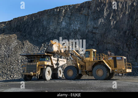 100 ton Caterpillar 7770D carrello e 992G caricatore su ruote di traino trappola di basalto roccia minato dalla cresta del basalto al Tilcon cava. Foto Stock