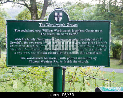 Un segno che dà informazioni sulle tombe di famiglia Wordsworth nella motivazione della st Oswalds chiesa, Grasmere Cumbria, Inghilterra Foto Stock