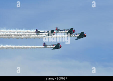Geico Skytypers T-6 Aerobatic Team esegue a Milwaukee Air Show, Milwaukee, Wisconsin, STATI UNITI D'AMERICA Foto Stock