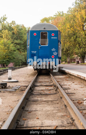 Un treno blu fermato nella stazione di persone in attesa Foto Stock