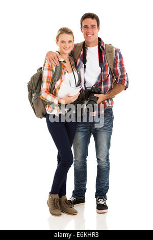 Bella coppia Giovane escursionismo isolato su bianco Foto Stock