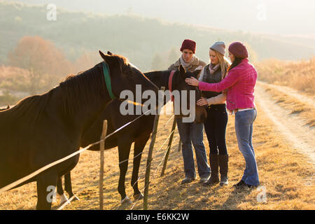 Gruppo di amici come accarezzare i cavalli in campagna Foto Stock