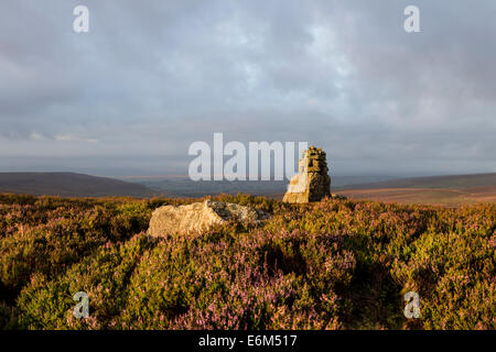 Cairn sulla collina di lunghe uomo e la vista a sud attraverso Teesdale, County Durham Regno Unito Inghilterra Foto Stock