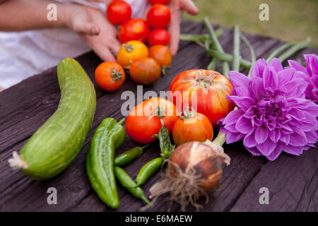 Vista ravvicinata di donna con fiori e verdure Foto Stock