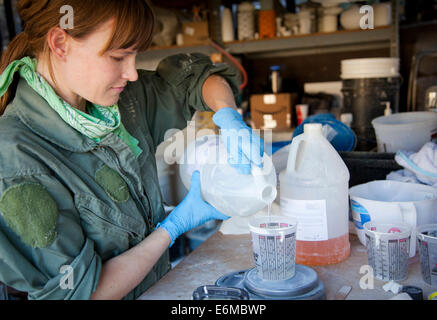 La donna nel capannone versando il liquido nel contenitore Foto Stock