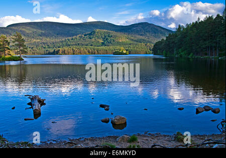 Vista sul Loch un Eilein al castello in rovina e colline boscose, tranquilla serata estiva, Cairngorms National Park, Scotland Regno Unito Foto Stock