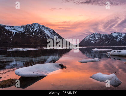 Tramonto sulla costa di Gimsøy in inverno, Gimsøy, Lofoten, Norvegia Foto Stock