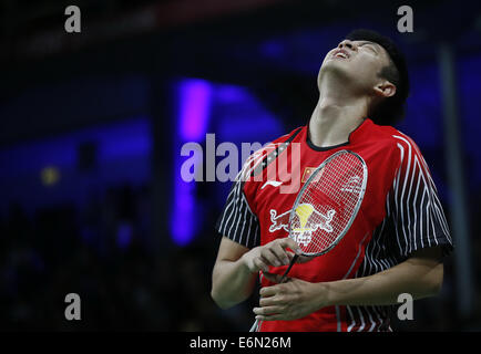 Copenhagen. Il 27 agosto, 2014. Wang Zhengmin della Cina reagisce durante i suoi uomini singoli Round 2 match contro Petr Koukal della Repubblica ceca il giorno 3 di Li Ning BWF Campionati del Mondo 2014 a Ballerup Super Arena a Copenhagen, in Danimarca il 27 agosto 2014. Wang Zhengmin ha vinto 2-1 (21-15, 19-21, 21-7). Credito: Wang Lili/Xinhua/Alamy Live News Foto Stock