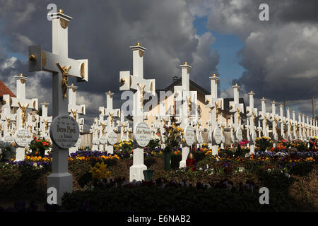 Sorabo cimitero con tipico di croci bianche in sorabo villaggio di Ralbitz in Alta Lusazia sassone, Germania. Foto Stock