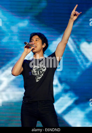 Rongxian cinese di Guangxi Zhuang Regione autonoma. Il 27 agosto, 2014. Il cantante Leehom Wang si esibisce in uno spettacolo di varietà di Nanfang "sesamo nero incolla' festival culturale nella contea di Rongxian, sud della Cina di Guangxi Zhuang Regione autonoma, Agosto 27, 2014. © Chen Jianli/Xinhua/Alamy Live News Foto Stock