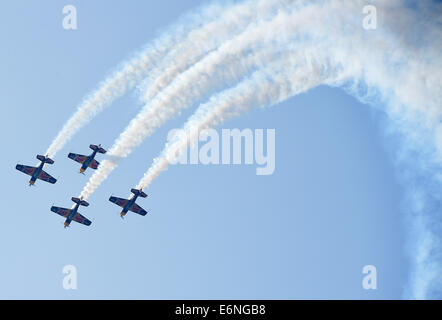 (140828) -- FAKU, Agosto 28, 2014 (Xinhua) -- quattro piani della Red Bull Aerobatic Team volare in formazione in un air show in Faku, a nord-est della Cina di Provincia di Liaoning, Agosto 27, 2014. La Red Bull il team acrobatico della Cina, la nazione del primo numero illimitato di acrobazia team, è stata fondata dal pilota professionista Zhao Wei sulla sett. 20 del 2013. Oltre a Zhao, i membri del team sono tutti dal Sud Africa. Il team ha quattro XA 42 aerei, il top-level aerobatic piani che consentono ad un pilota di volare molto ad altitudini più basse e velocità più lente e quindi forniscono un più forte impatto visivo per gli spettatori. Il t di acrobazia aerea Foto Stock