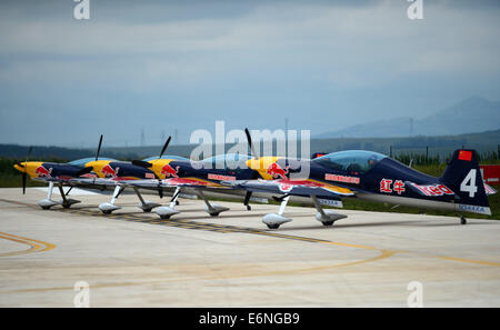 (140828) -- FAKU, Agosto 28, 2014 (Xinhua) -- i membri della Red Bull Team acrobatico cinese di prendere parte ad un corso di formazione in Faku, a nord-est della Cina di Provincia di Liaoning, Agosto 25, 2014. La Red Bull il team acrobatico della Cina, la nazione del primo numero illimitato di acrobazia team, è stata fondata dal pilota professionista Zhao Wei sulla sett. 20 del 2013. Oltre a Zhao, i membri del team sono tutti dal Sud Africa. Il team ha quattro XA 42 aerei, il top-level aerobatic piani che consentono ad un pilota di volare molto ad altitudini più basse e velocità più lente e quindi forniscono un più forte impatto visivo per gli spettatori. Il team di acrobazia aerea Foto Stock