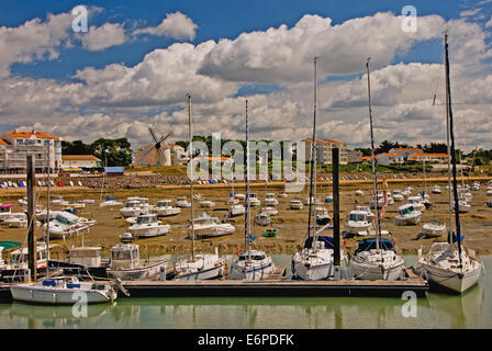 Barche a vela e barche a motore nel porto a Jard sur Mer con la bassa marea. Foto Stock