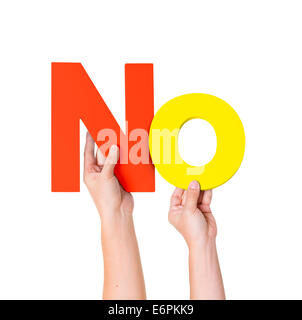 Due mani tenendo la parola n. Foto Stock
