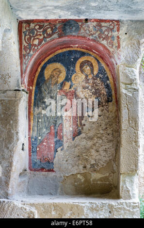 Maria e Gesù nel tempio, affresco XIII-XIV secolo, Chiesa rupestre, grotta chiesa, Chiese Rupestri, La Candelora Foto Stock