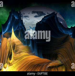 Alien montagne con spazio di sfondo e un grande pianeta Foto Stock