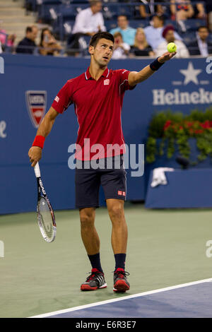 Flushing Meadows, NY, STATI UNITI D'AMERICA. 25 Ago, 2014. Novak Djokovic (SRB) in azione contro Diego Schwartzman (ARG) durante il giorno 1 dell'US Foto Stock