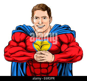 Una illustrazione di un supereroe in cape e costume Foto Stock