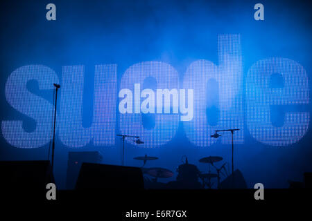 Logo in pelle scamosciata sul palco, appena prima del concerto al Bazant Pohoda festival, Trencin, Slovacchia, luglio 12, 2014 Foto Stock