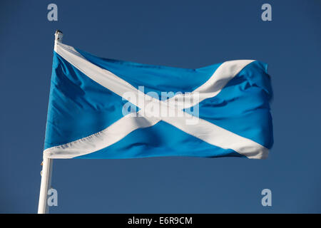 Bandiera scozzese si intraversa croce di Sant'Andrea di svolazzamento nella breeeze contro un profondo cielo blu. Foto Stock