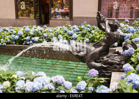 Fontana, statua di un uomo seduto su un pesce, Canale giardini, Rockefeller Center, Manhattan, New York, New York, Stati Uniti d'America Foto Stock