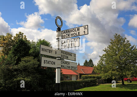 I cartelli stradali in Goathland, North Yorkshire, North York Moors National Park, Inghilterra, Regno Unito. Foto Stock