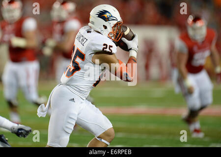 Houston, Texas, Stati Uniti d'America. Il 29 agosto, 2014. UTSA sicurezza Roadrunners Mauricio Sanchez (25) rende e intercettazione durante la seconda metà di un NCAA Football gioco tra l'Università di Houston Cougars e il UTSA Roadrunners a TDECU Stadium di Houston, TX su agosto 29th, 2014. UTSA ha vinto il gioco 27-7. Credito: Trask Smith/ZUMA filo/Alamy Live News Foto Stock