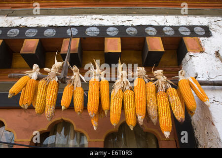 Il Bhutan orientale, Trashi Yangtse, Bazaar, essiccazione di mais al di fuori del magazzino generale Foto Stock