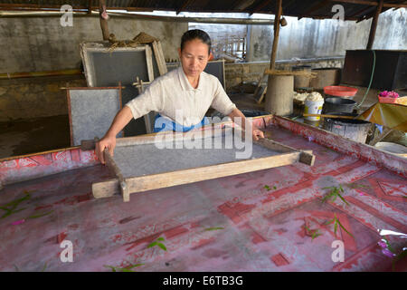 Luang Prabang, Laos - Marzo 1, 2014: Donna fare la carta fatta con la corteccia di un albero di Asa, con petali di fiori e stocchi. Foto Stock