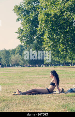 Una giovane donna di bagni di sole in Hyde Park, Londra Foto Stock