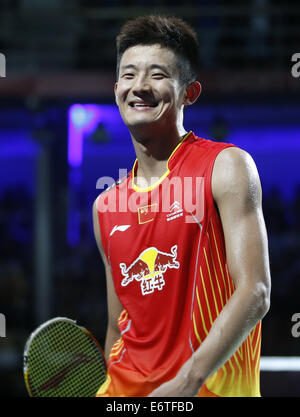 Copenhagen, Danimarca. Il 30 agosto, 2014. Chen a lungo della Cina celebra dopo la Uomini Singoli Semifinale contro Tommy Sugiarto di Indonesia il giorno 6 di Li Ning BWF Campionati del Mondo 2014 a Ballerup Super Arena di Copenhagen, Danimarca, per il 30 agosto 2014. Chen Long ha vinto 2-0. Credito: Wang Lili/Xinhua/Alamy Live News Foto Stock