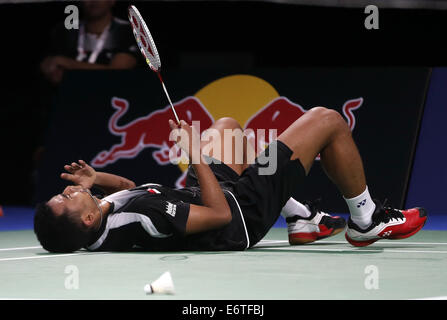 Copenhagen, Danimarca. Il 30 agosto, 2014. Tommy Sugiarto dell Indonesia cade verso il basso durante la Uomini Singoli Semifinale contro la rielezione di Chen a lungo della Cina il giorno 6 di Li Ning BWF Campionati del Mondo 2014 a Ballerup Super Arena di Copenhagen, Danimarca, per il 30 agosto 2014. Chen Long ha vinto 2-0. Credito: Wang Lili/Xinhua/Alamy Live News Foto Stock