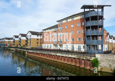 Moderni appartamenti o appartamenti a fianco del fiume Nene preso dalla città ponte Peterborough Cambridgeshire Regno Unito Foto Stock