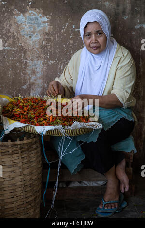 Yogyakarta, Java, Indonesia. Donna vendita di peperoni, Beringharjo mercato. Foto Stock